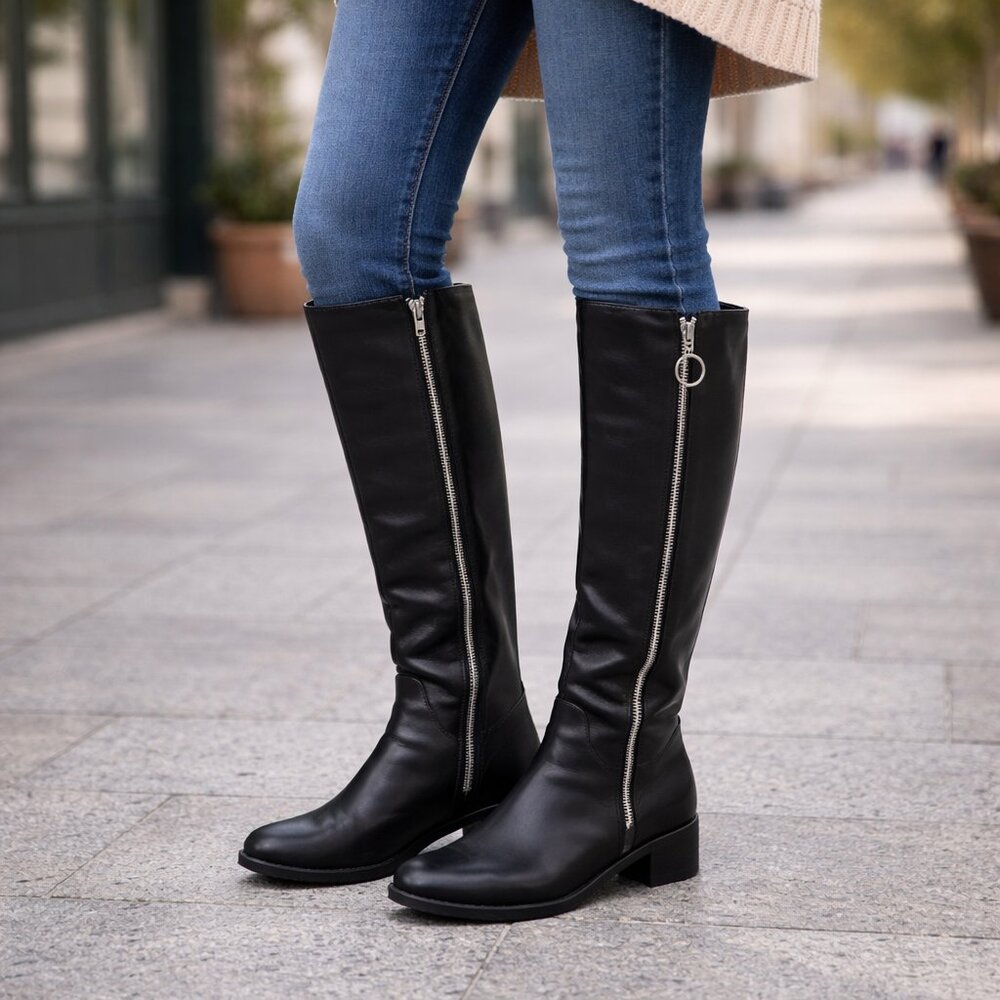 S19 | NWT Streetwear Society Black Knee-High Boots | Silver Zip | Size 6 | New